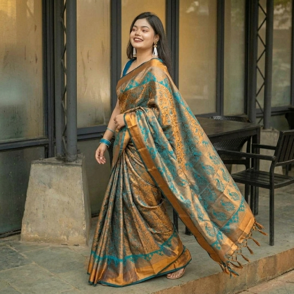Royal Kanjivaram Katan Saree with Sleeveless Blouse